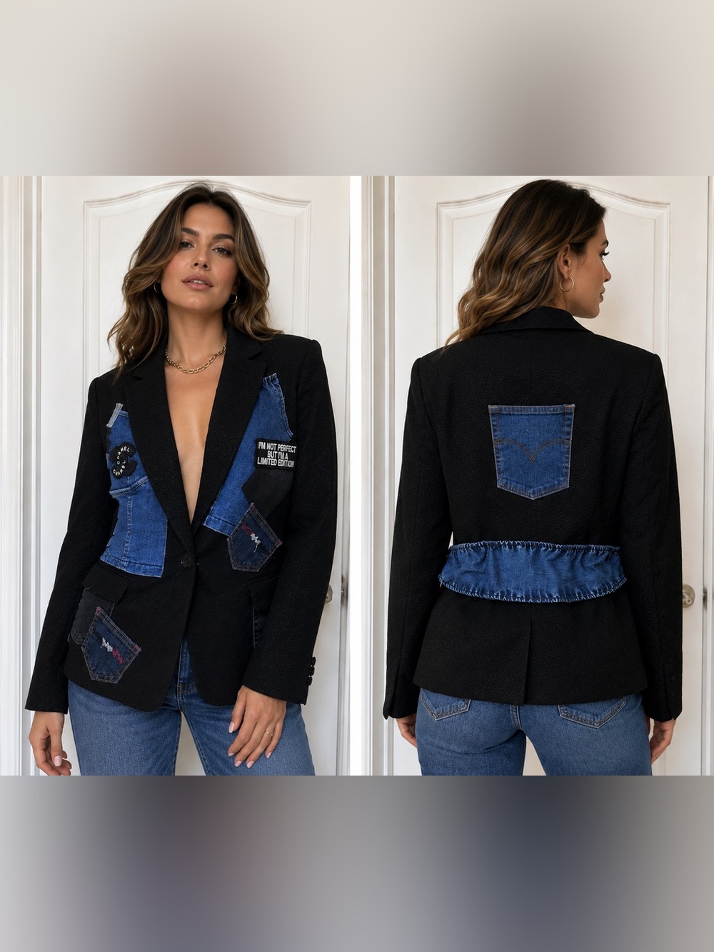 Upcycled designer inspired patch Black Blazer with Denim Patchwork size L
